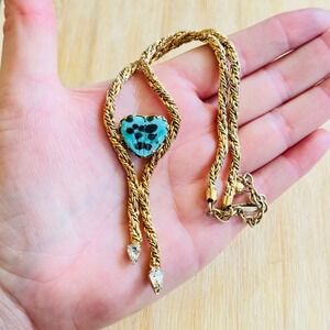 VTG Volupte Heart Necklace VTG Turquoise Glass Statement Rope Gold Whimsical 16"